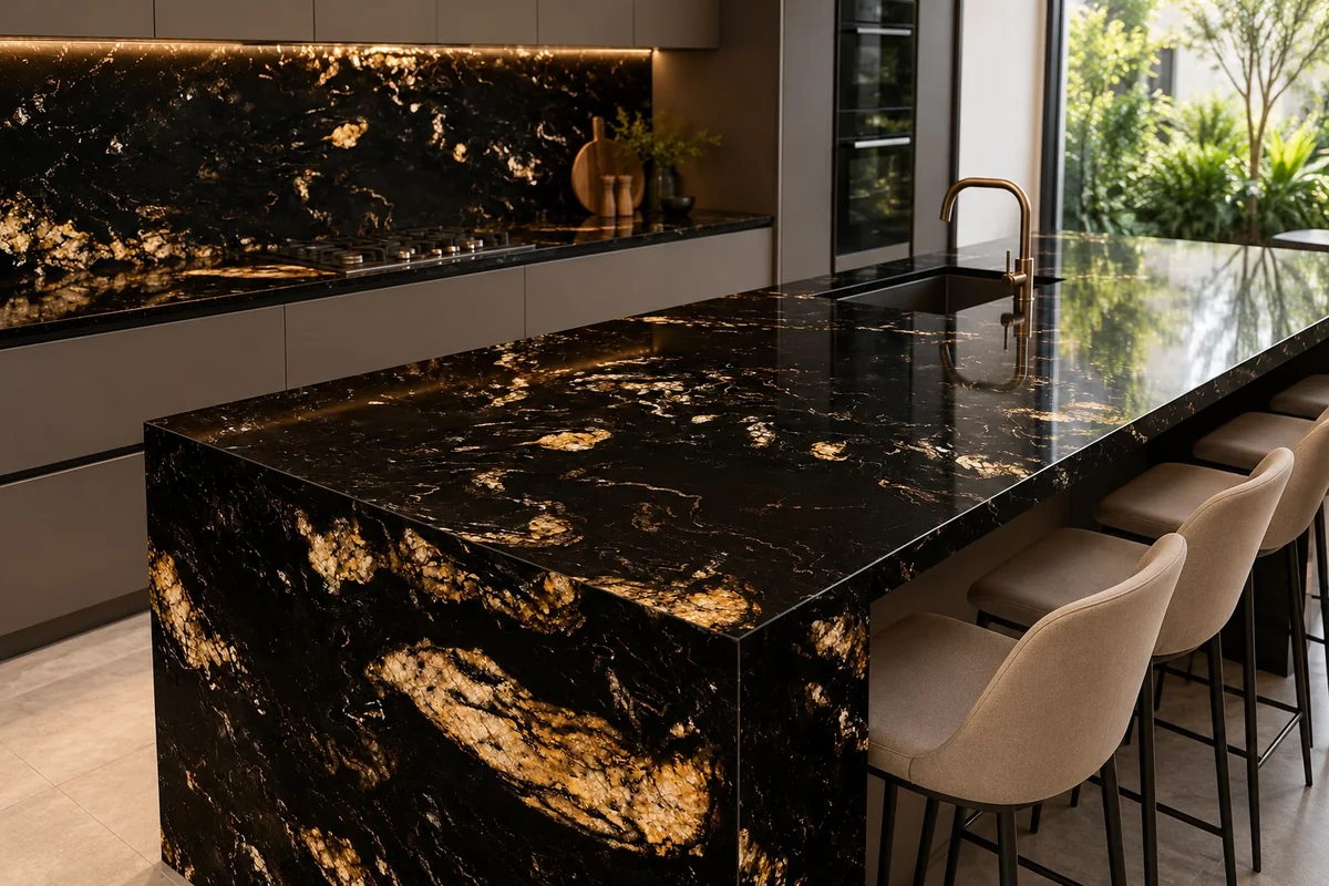 Ambientação ilustrativa com Quartzito Titanium Gold